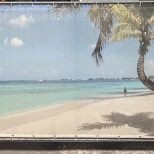 Bouwhek met doek Tropisch met palmboom en raffiaparasol